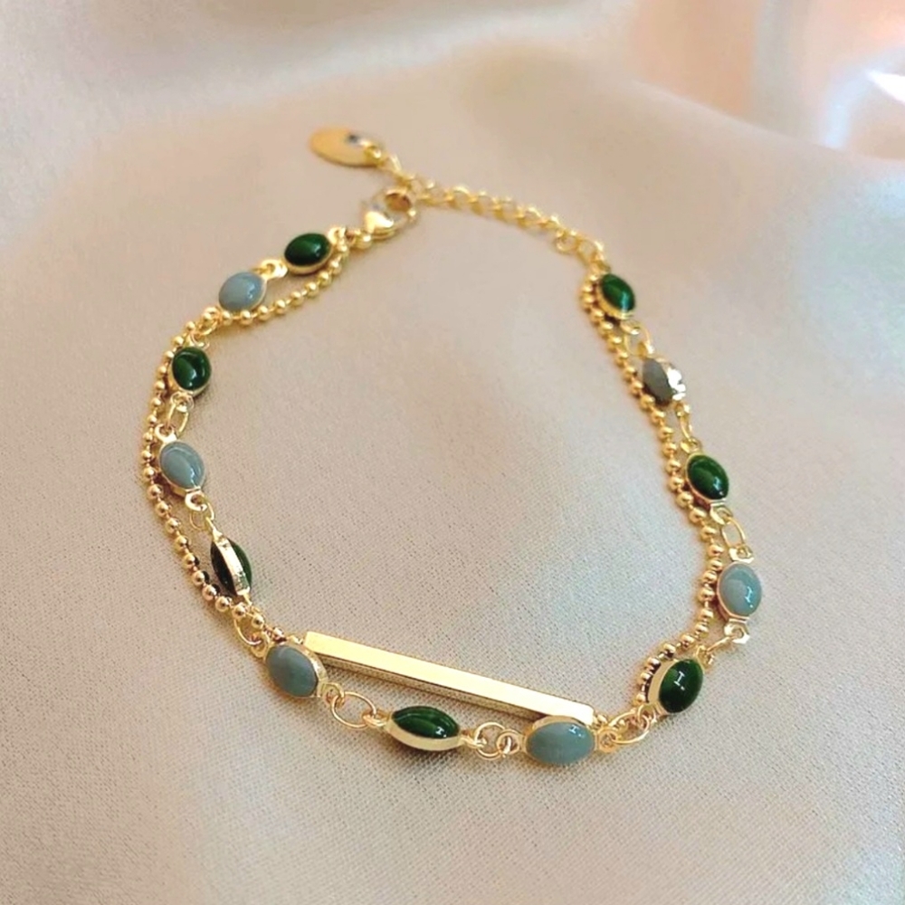 Gold & Green Tiered Tennis Bracelet Emerald Jade Sage Green Faux Stones Bracelet